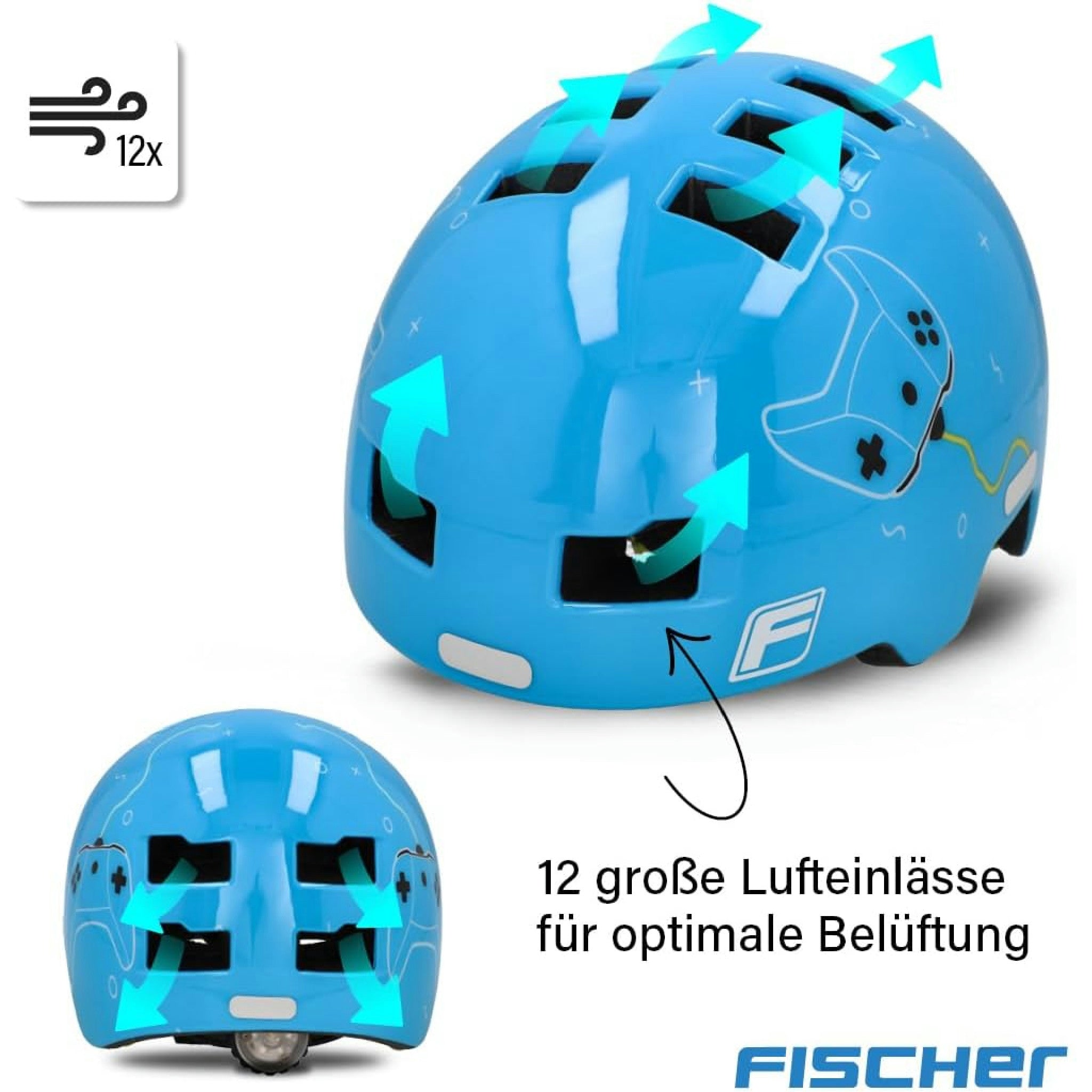 Fischer BMX Fahrradhelm Plus Radhelm, Dirt Bike Helm mit integriertem LED-Rücklicht, Game/hellblau, S/M, 54-59cm Hauptansicht