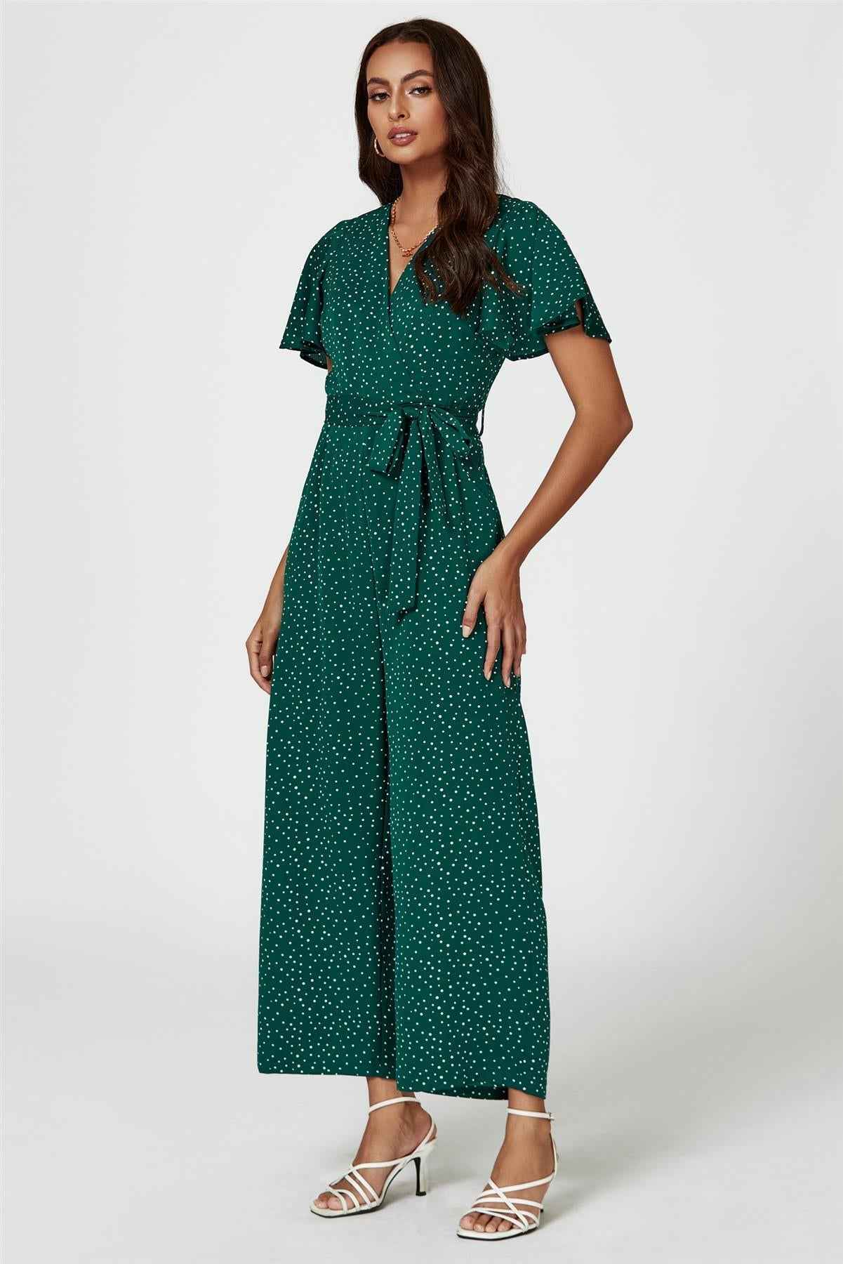 Dot Print Wrap Top Jumpsuit In Green