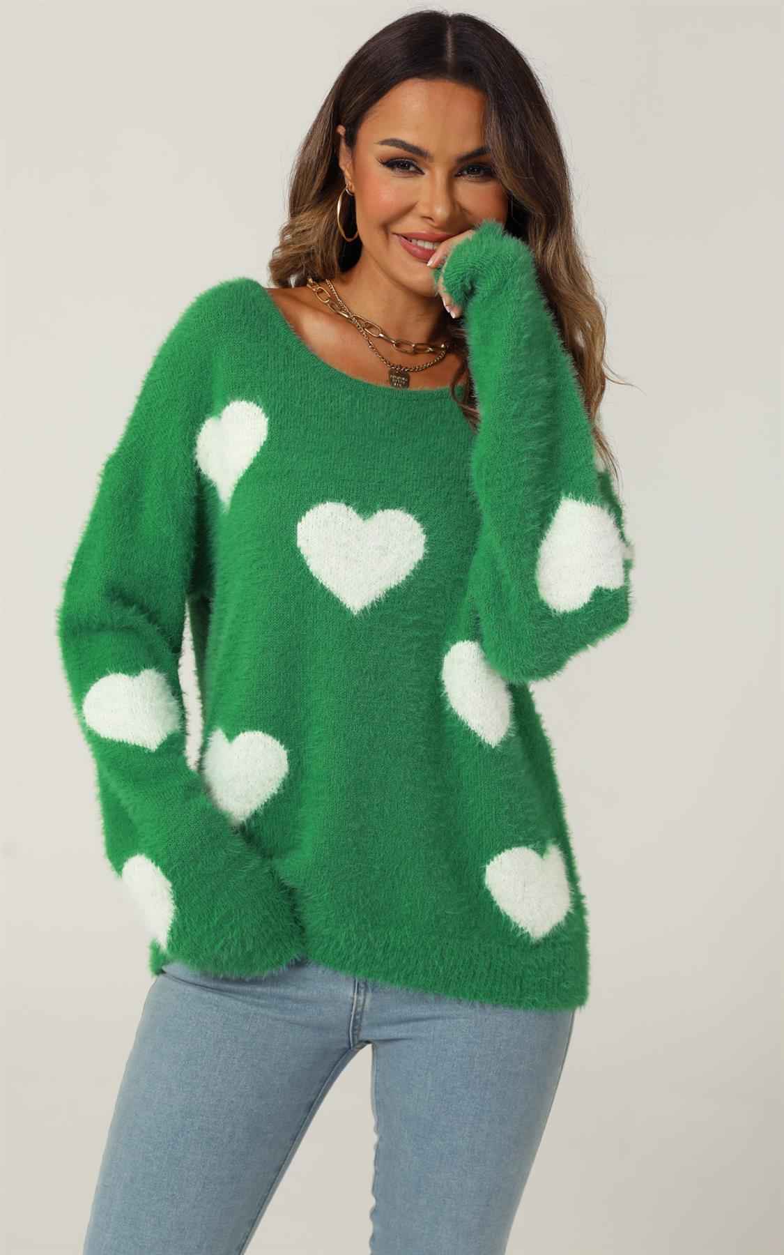 Relaxed Comfy White Heart Pattern Jumper Top In Green