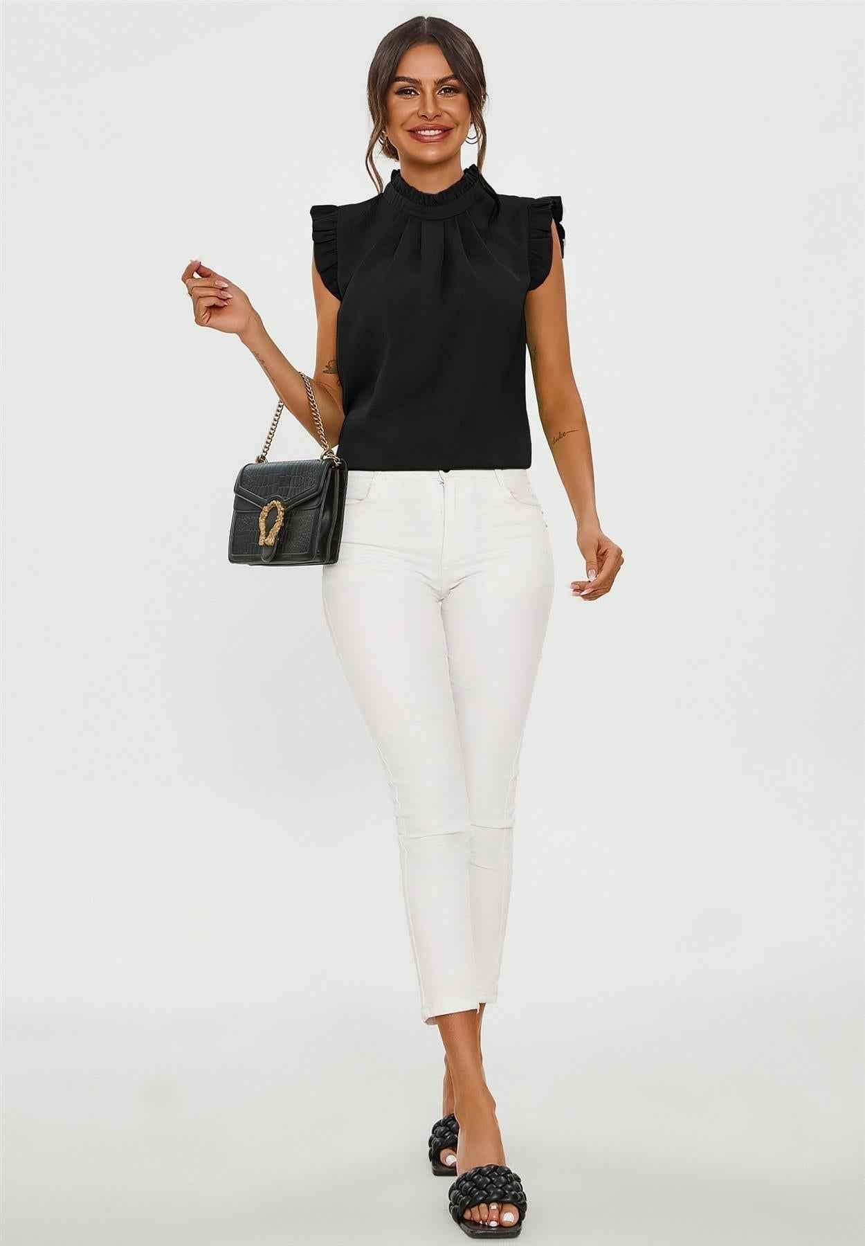Frill Trim Sleeve High Neck Blouse Top In Black