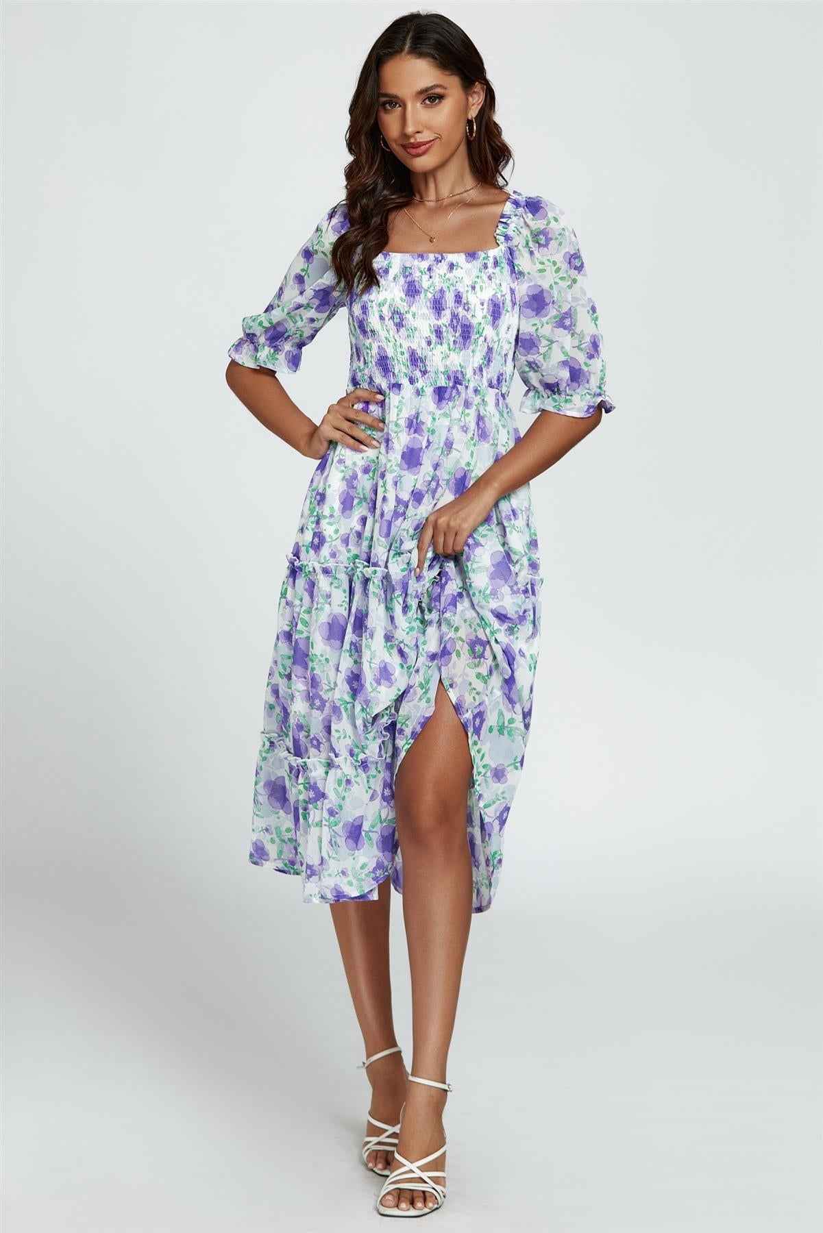 Floral Print Bardot Puff Sleeve Elasticated Detail Midi Dress In White