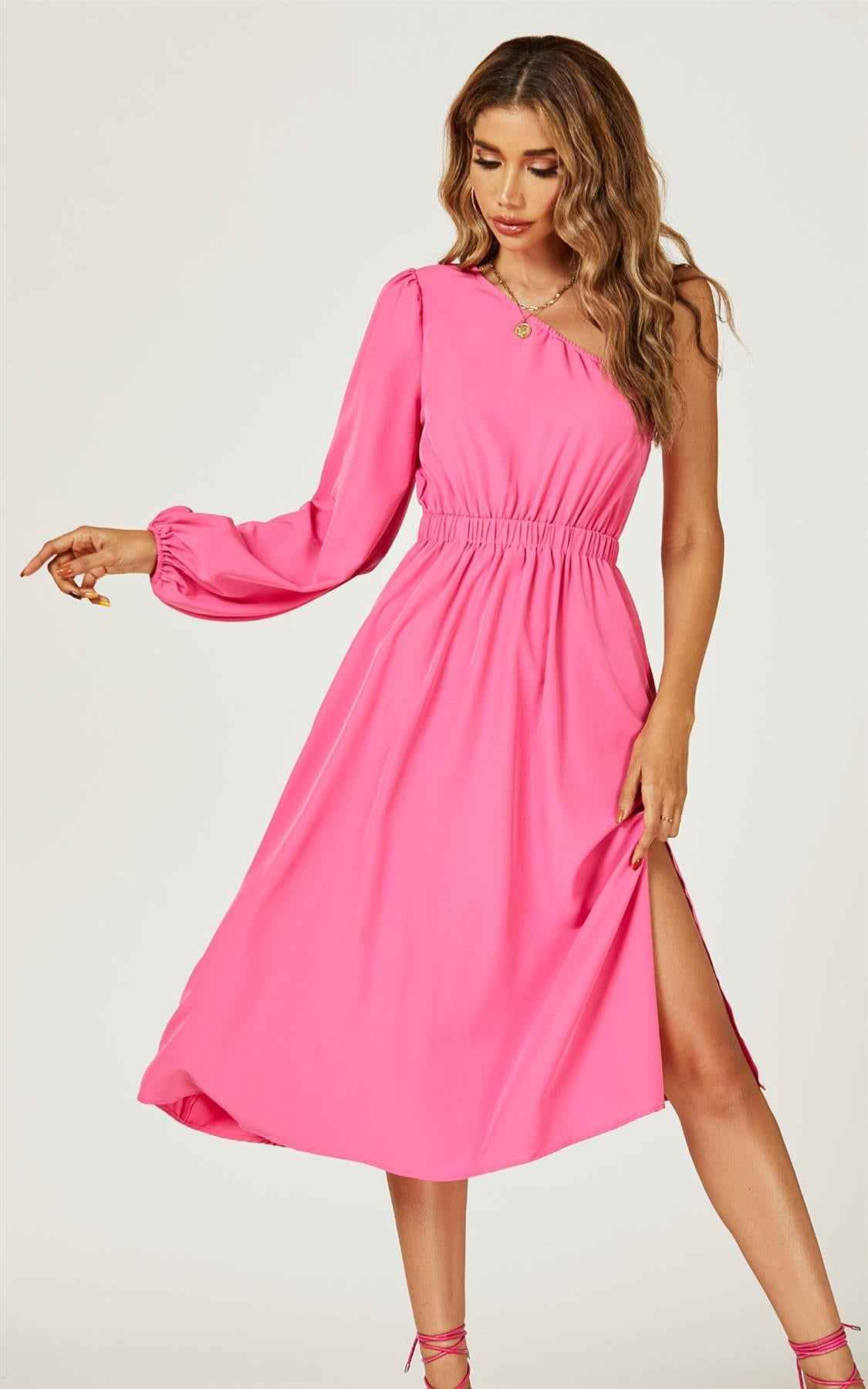 One Shoulder Split Leg Midi Dress In Fuchsia Print