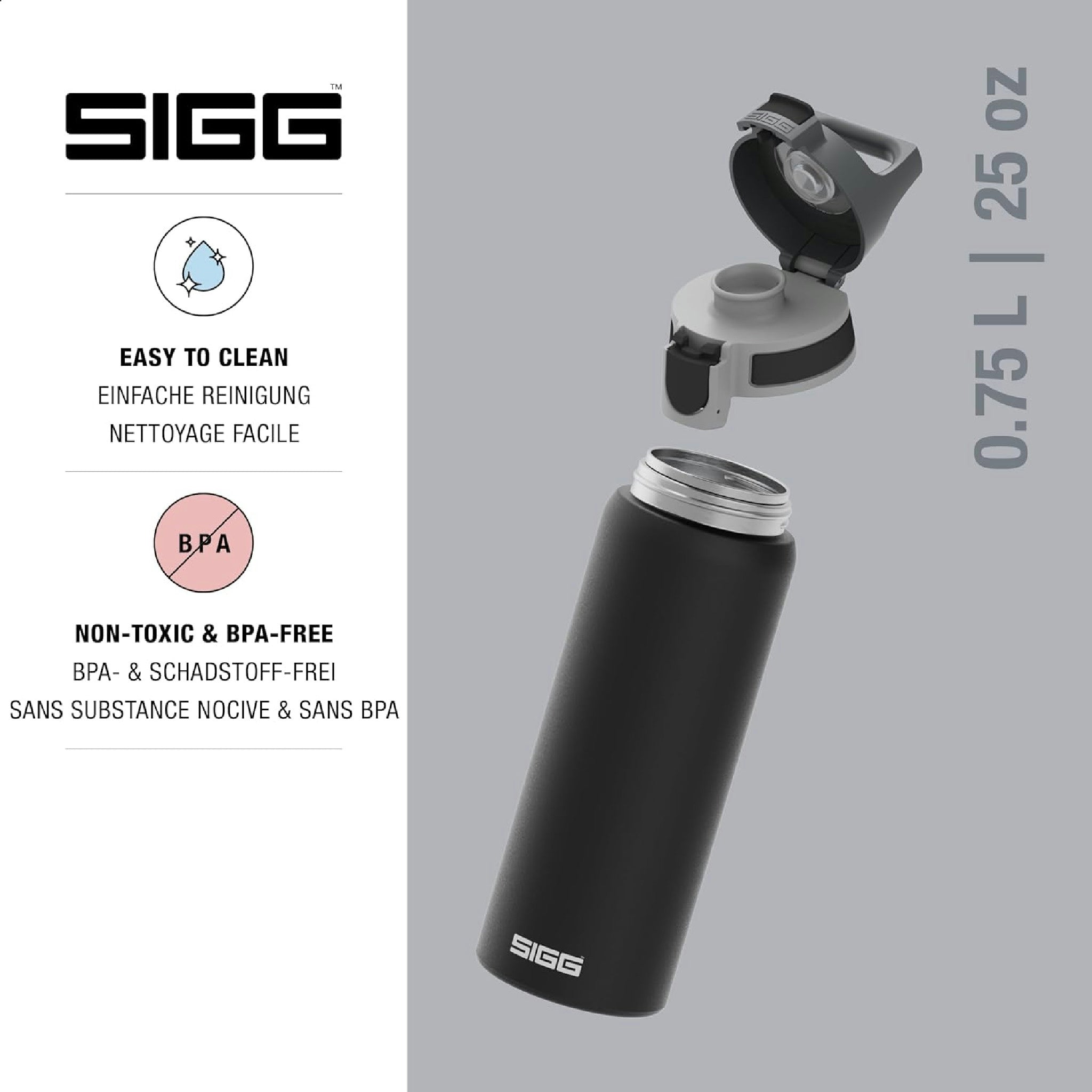 SIGG - Edelstahl Trinkflasche - Shield ONE Black - Für Kohlensäurehaltige Getränke Geeignet - Auslaufsicher - Federleicht - BPA-frei - Schwarz - 0,75L Hauptansicht