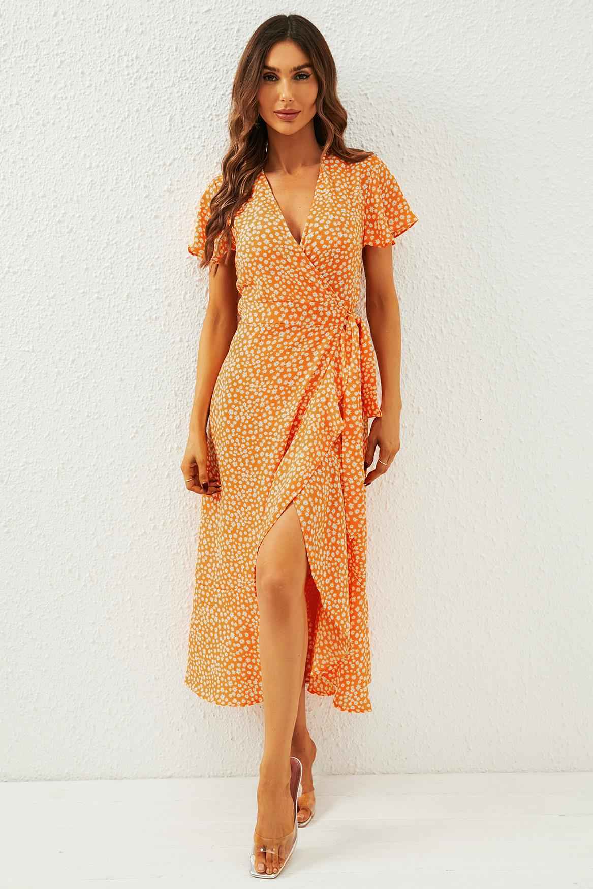 Floral Print Wrap Midi Dress In Orange Yellow