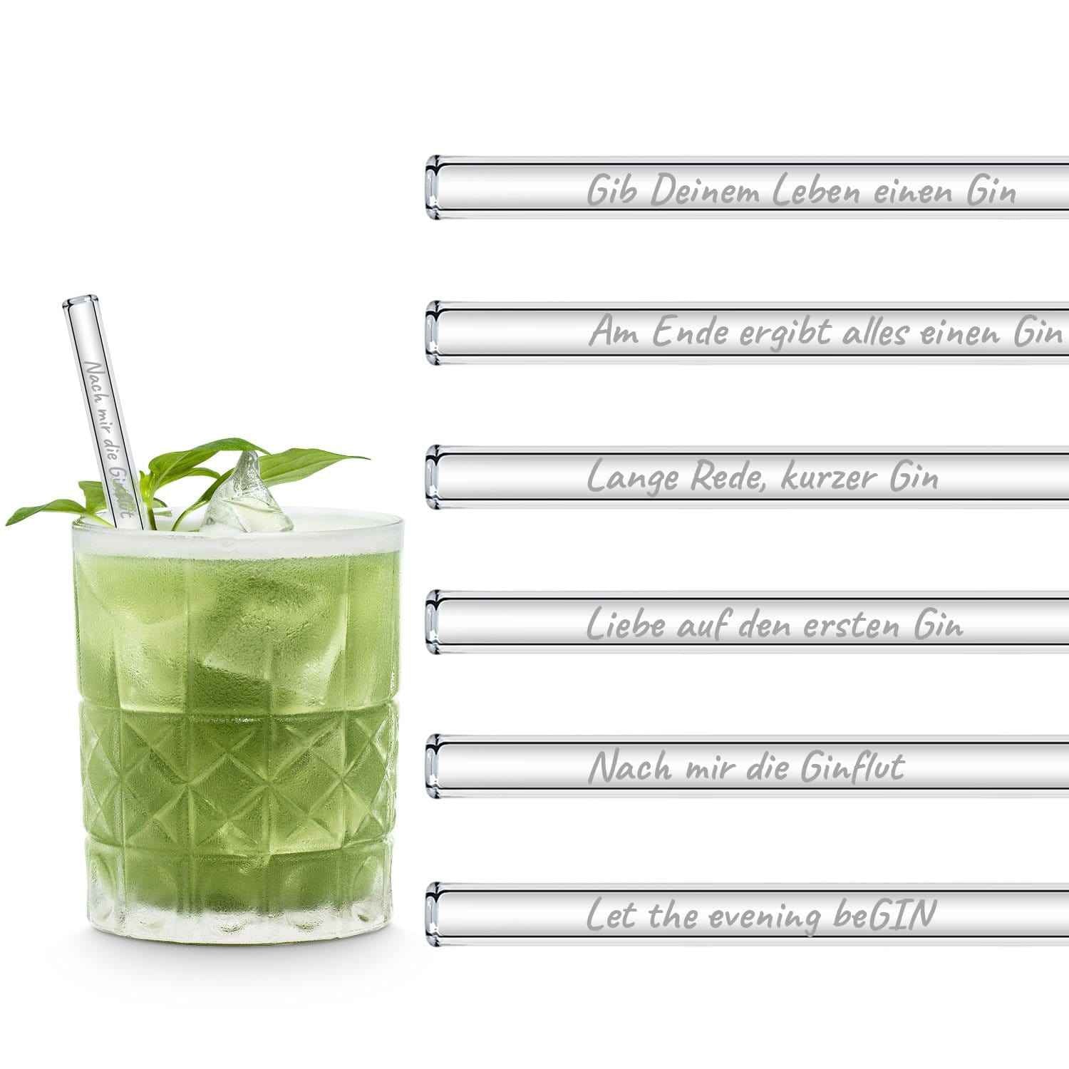 Gin Edition 6x Glasstrohhalme mit gravierten Gin-Sprüchen in Deutsch 15cm, 20cm und 23cm