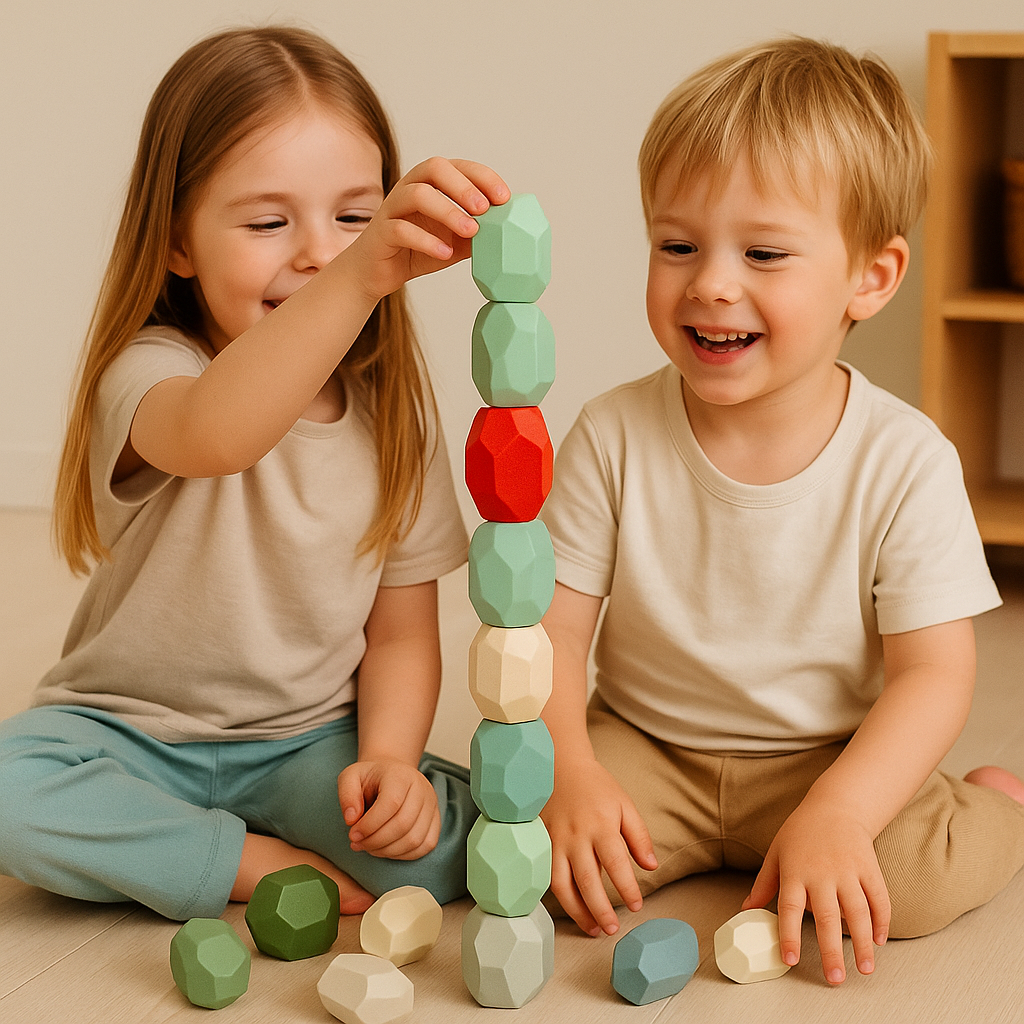 Montessori Kinder Balanciersteine, 16 farbige Holzsteine zur Unterstützung der motorischen Entwicklung
