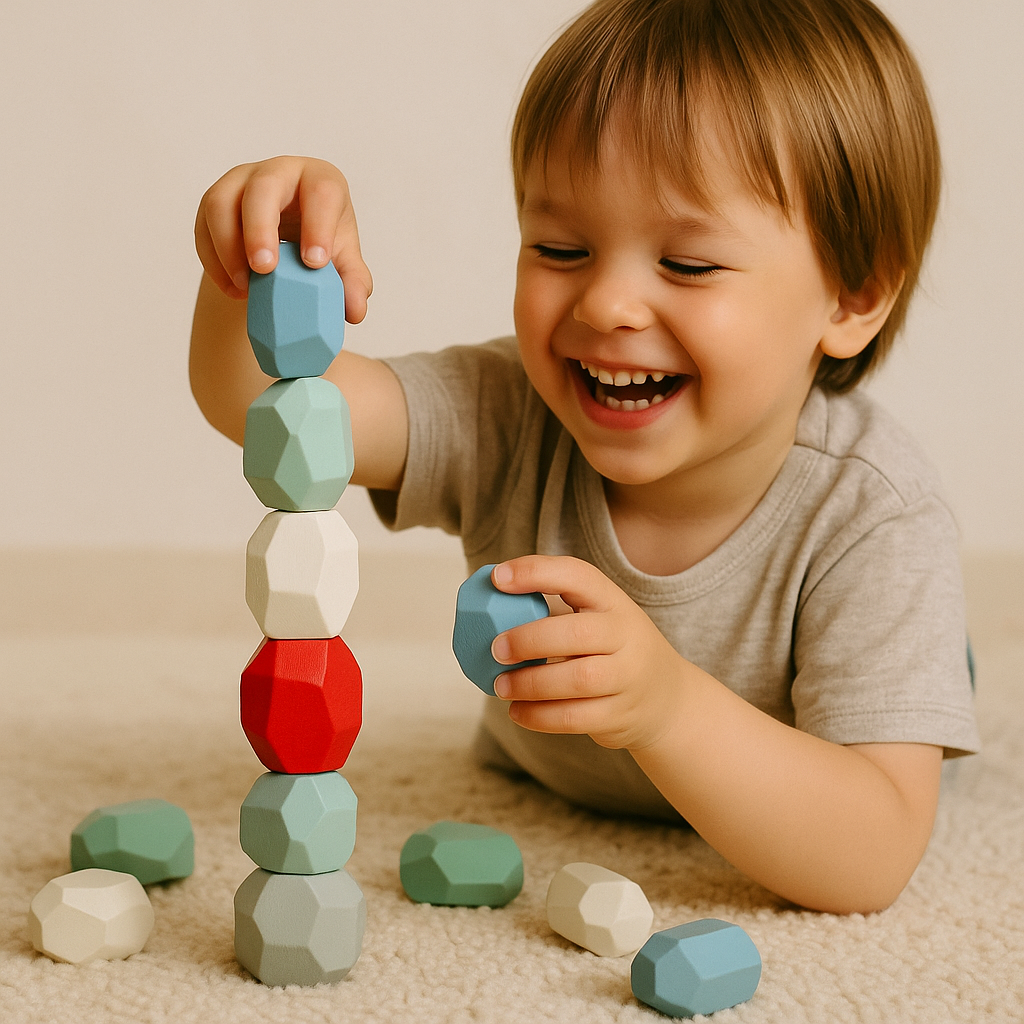 Bunte Montessori Balanciersteine aus Holz, 16-teilig für motorische Förderung von Kindern