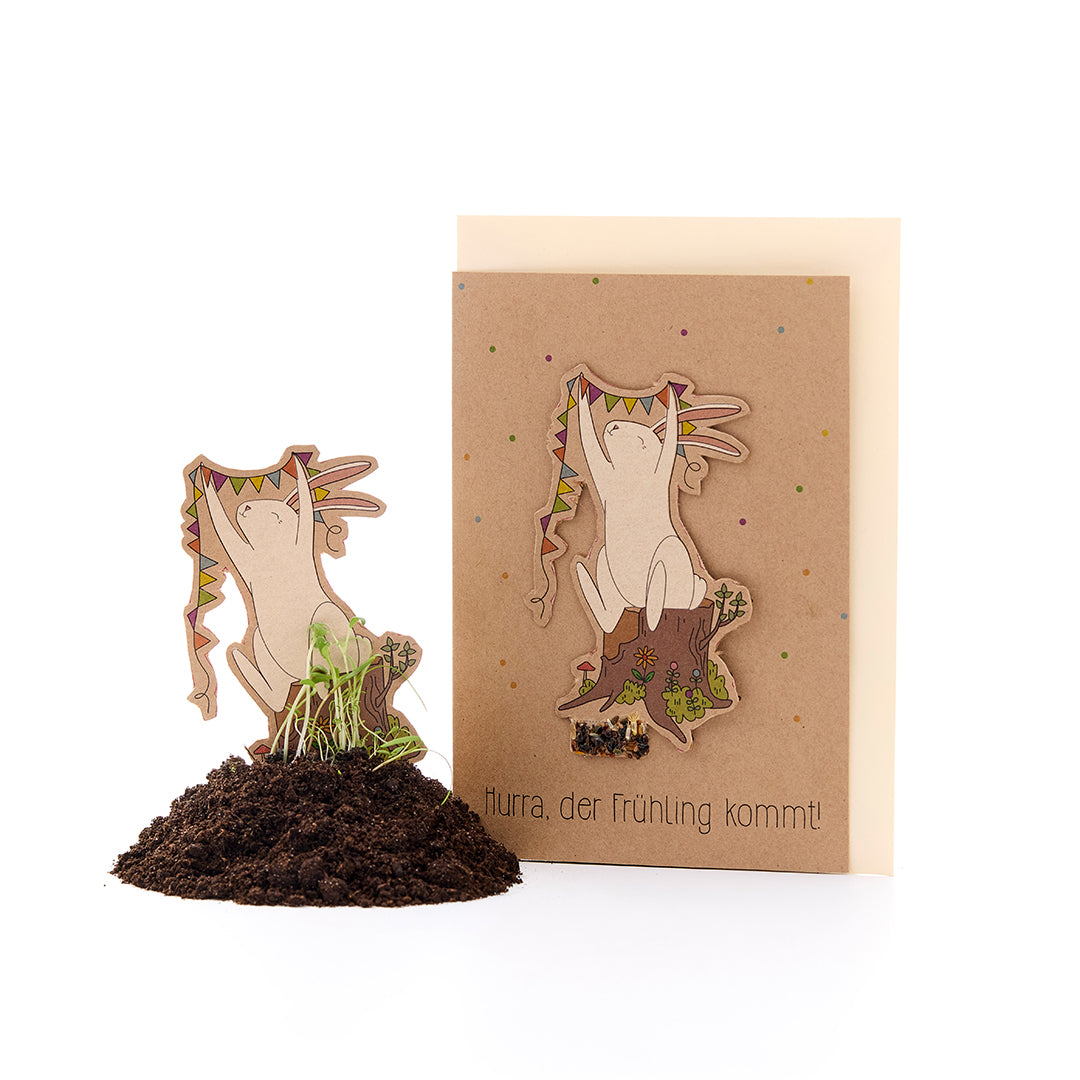 Osterkarte 'Hurra, der Frühling kommt' in fröhlichen Farben