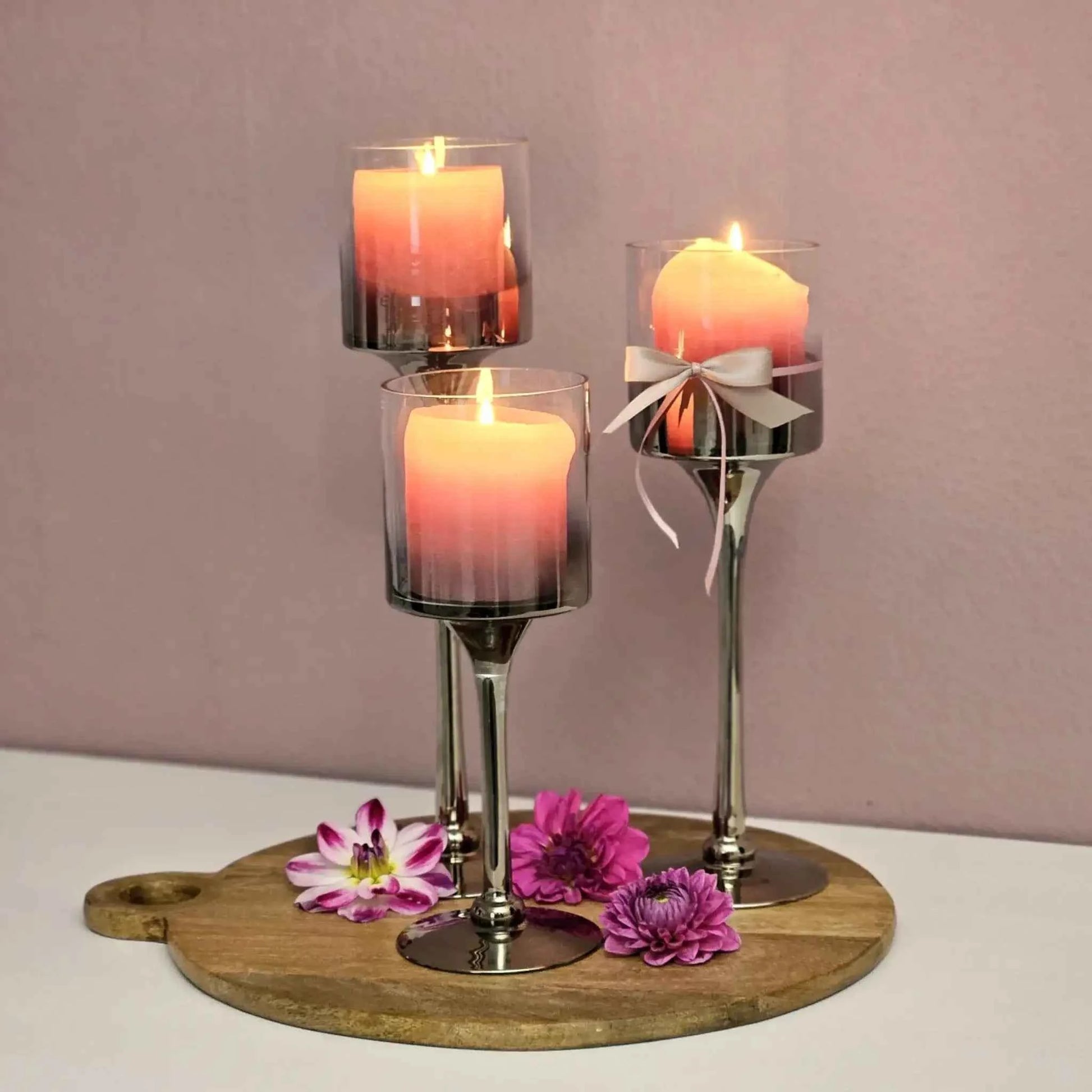 Kerzenleuchter aus Glas 3er Set Kerzenglas Windlicht Weihnachten silber Stumpenkerzen