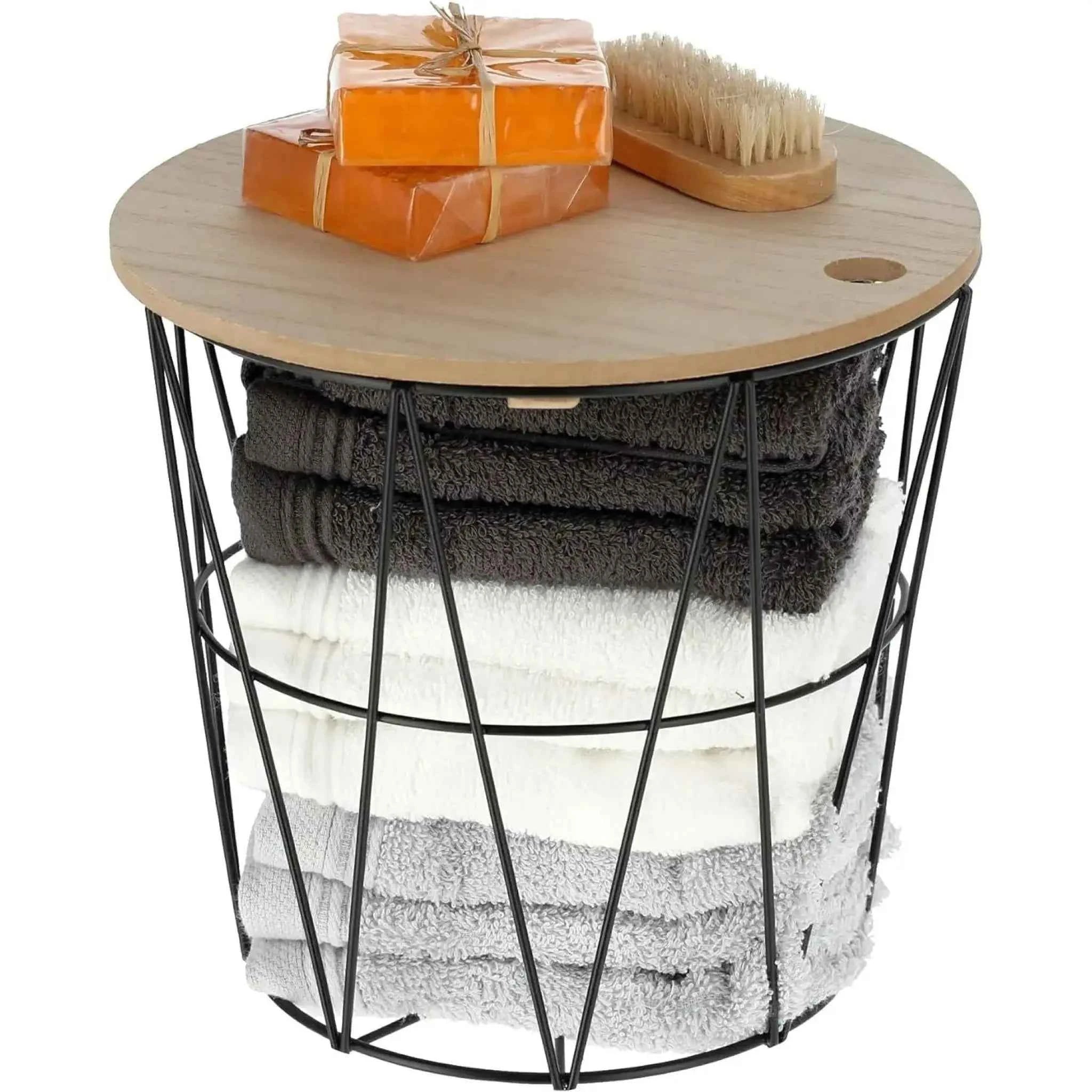 Kleiner Beistelltisch Aufbewahrungskorb mini Tisch Korb mit Deckel rund schwarz