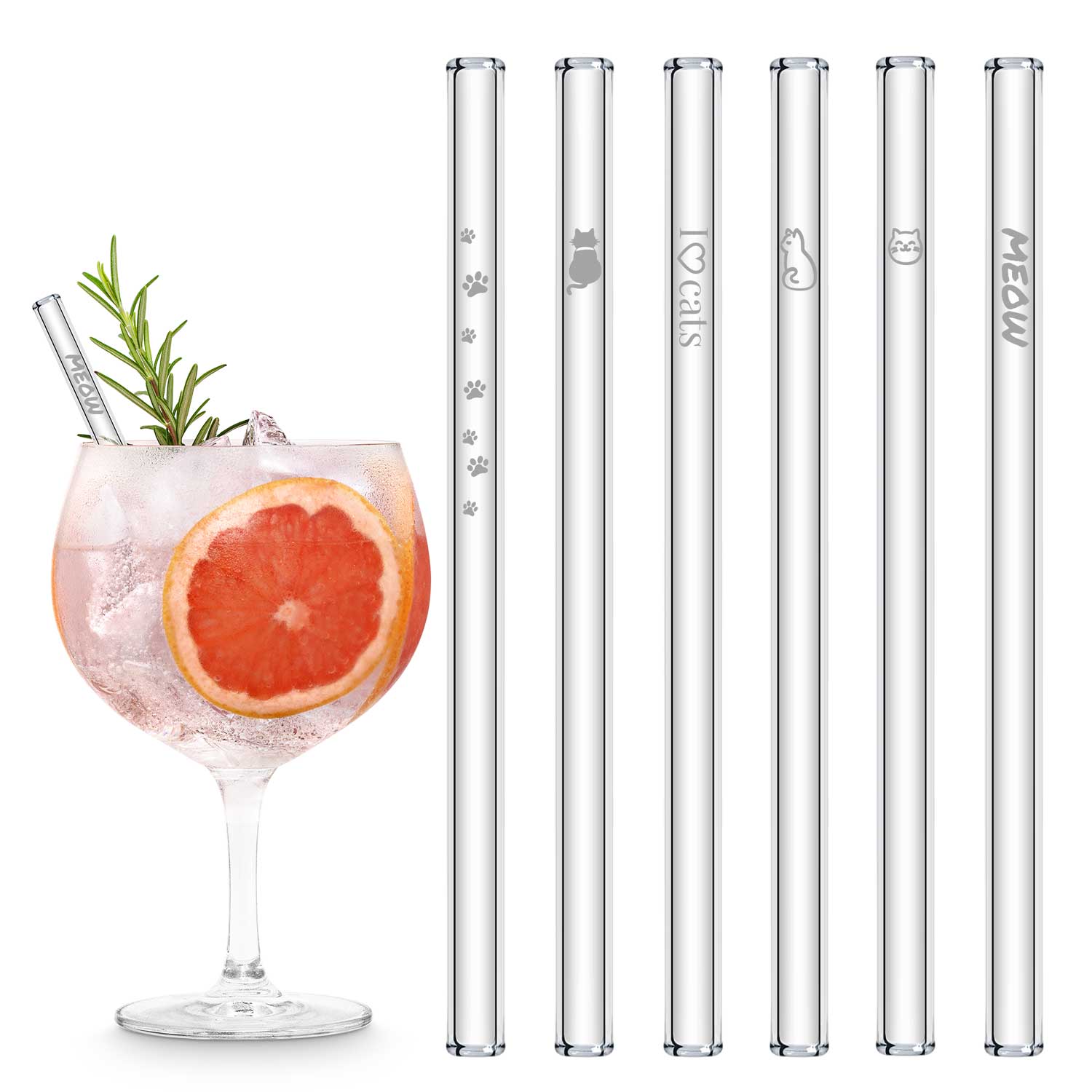 Glasstrohhalme mit Katzenmotiv graviert 6er Set 15/20/23 cm | HALM Straws