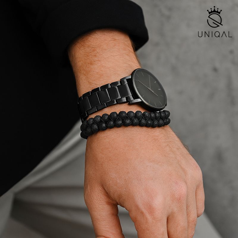 Stylisches Armband aus Lavastein – Zweireihig in Schwarz