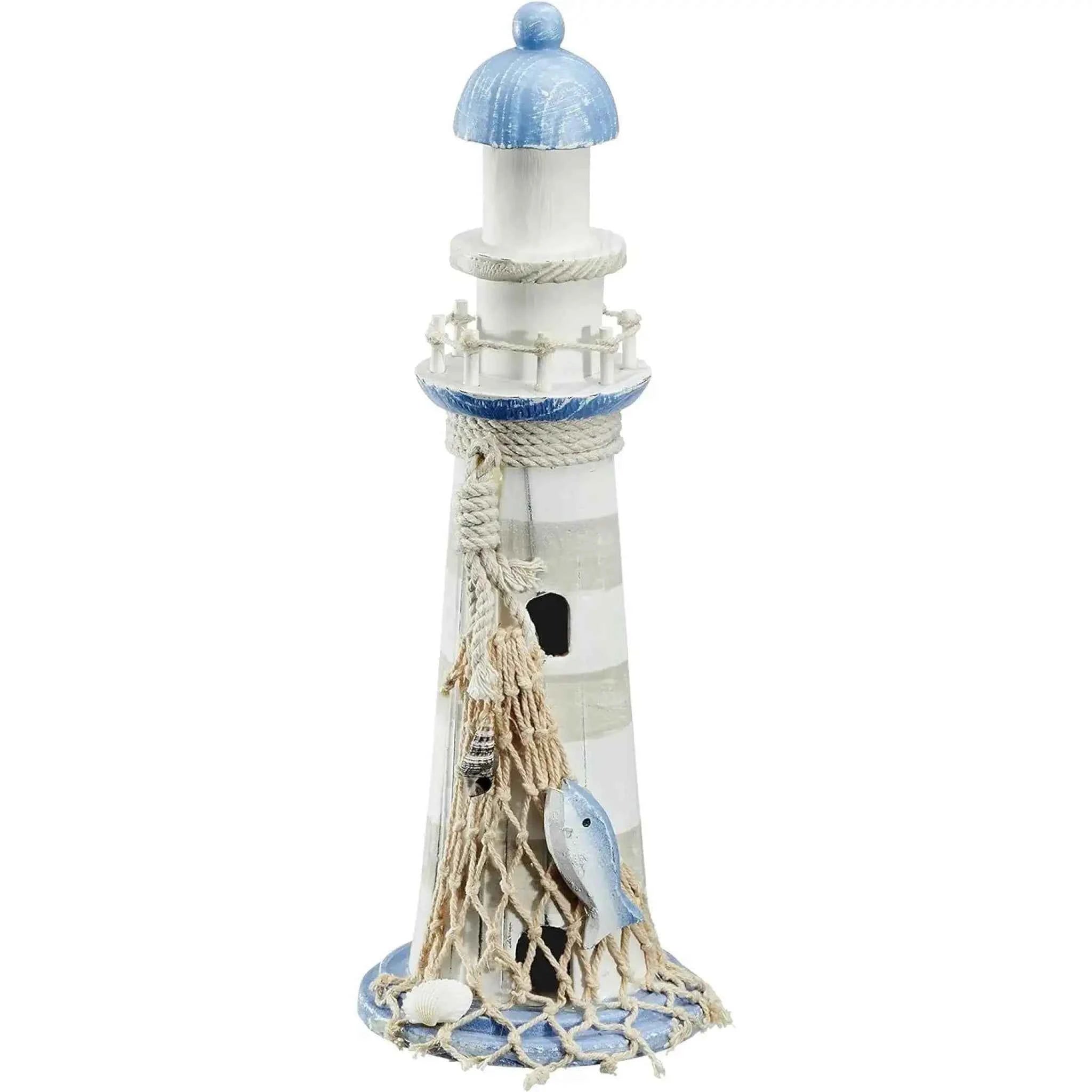 Leuchtturm Holz blau weiß Deko m. Muscheln & Netz Dekoration Strand Meer Maritim