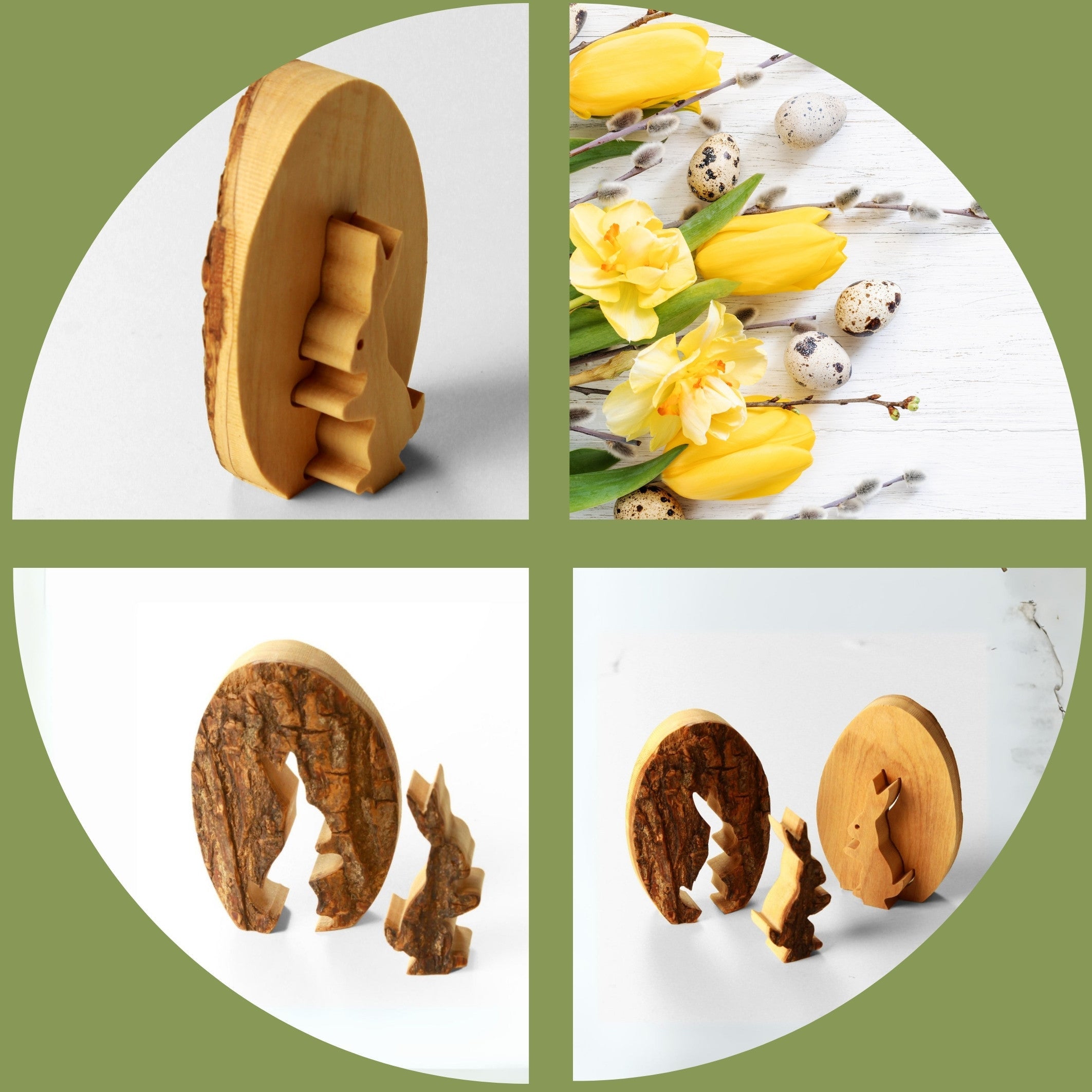 Detailansicht Zeus Osterdeko, Hase im Ei aus Olivenholz, natürliche Rinde