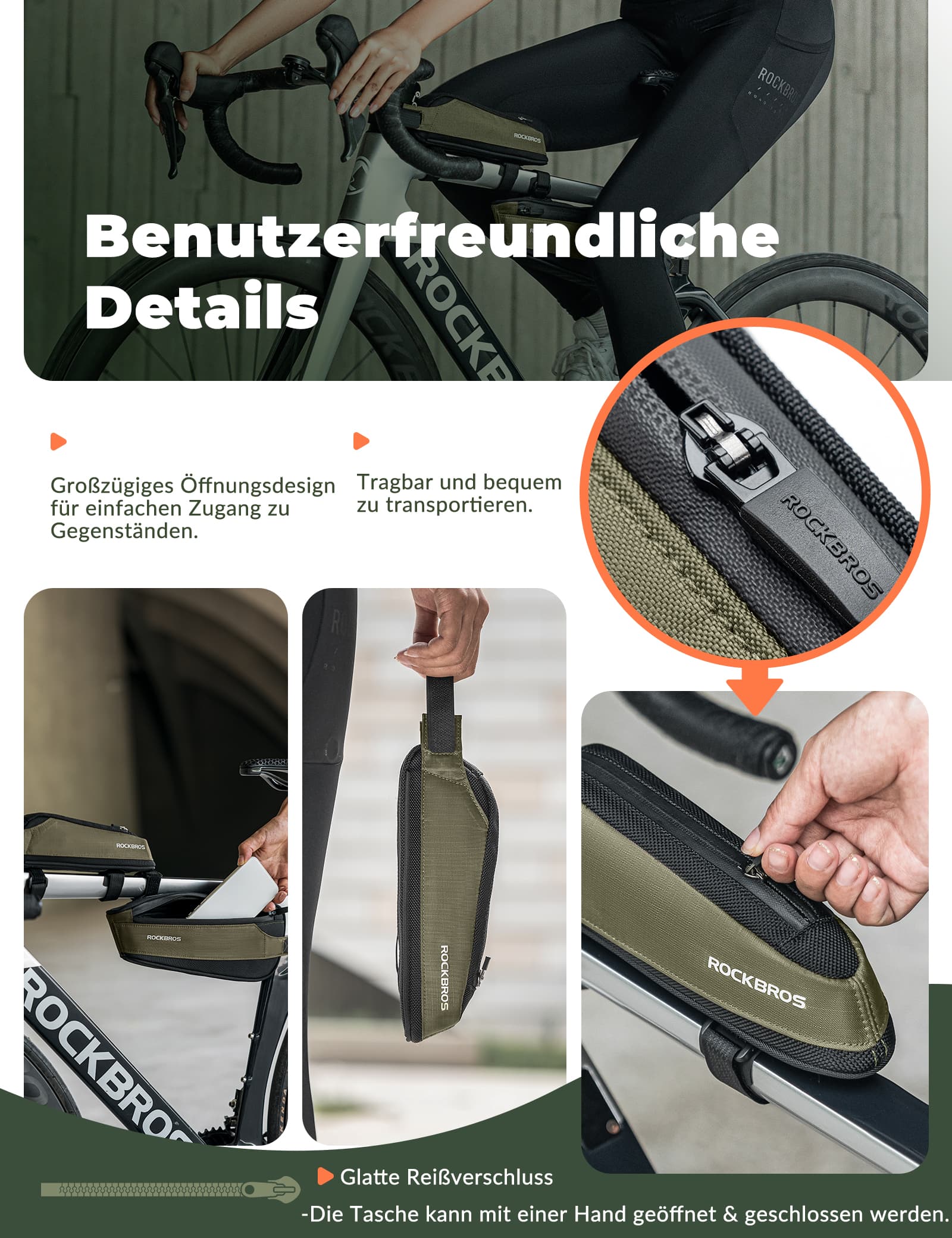 ROCKBROS Oberrohrtasche dunkelgrün 0,65L mit reflektierenden Elementen