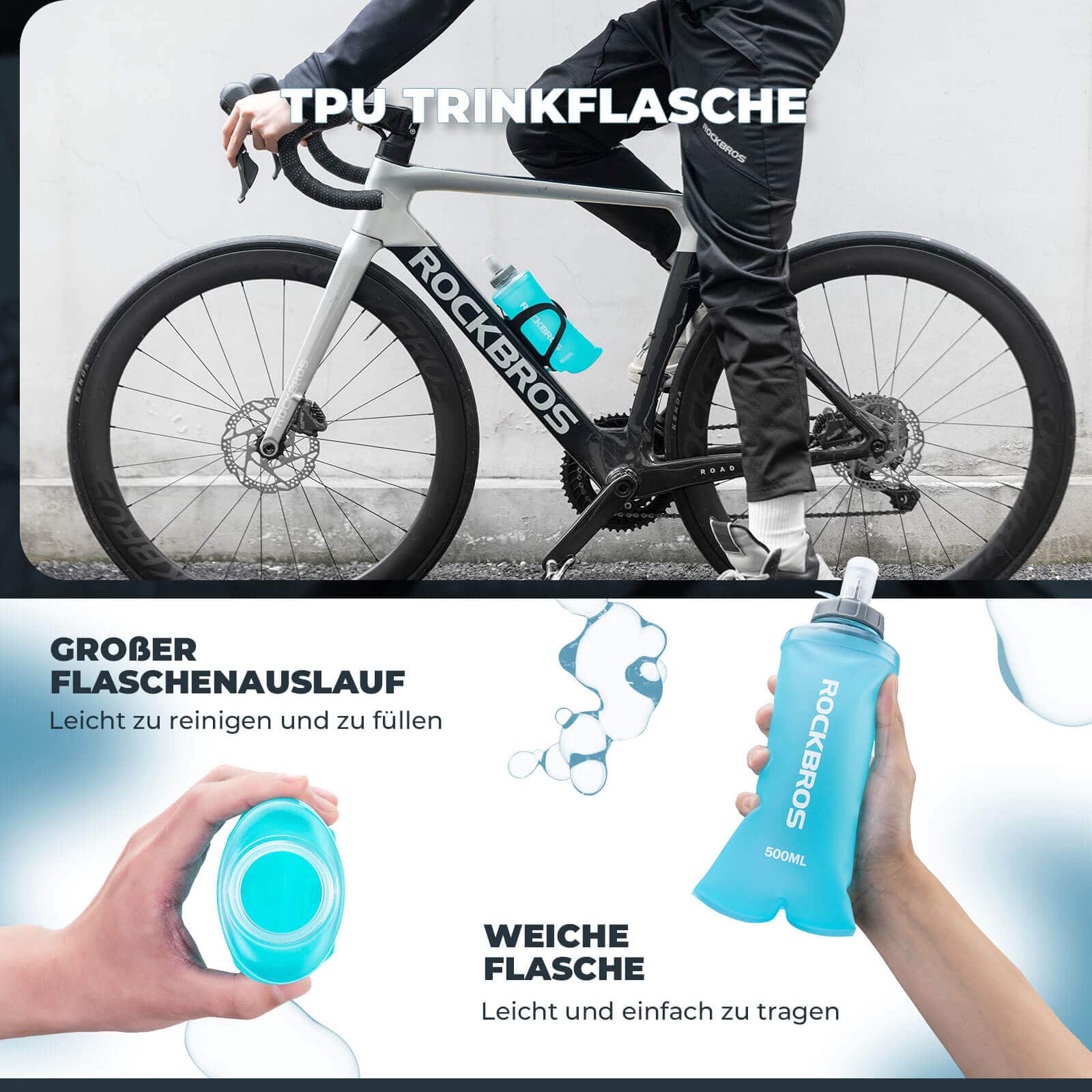 ROCKBROS 500ml Trinkflasche in Blau, ideal für Outdoor-Aktivitäten