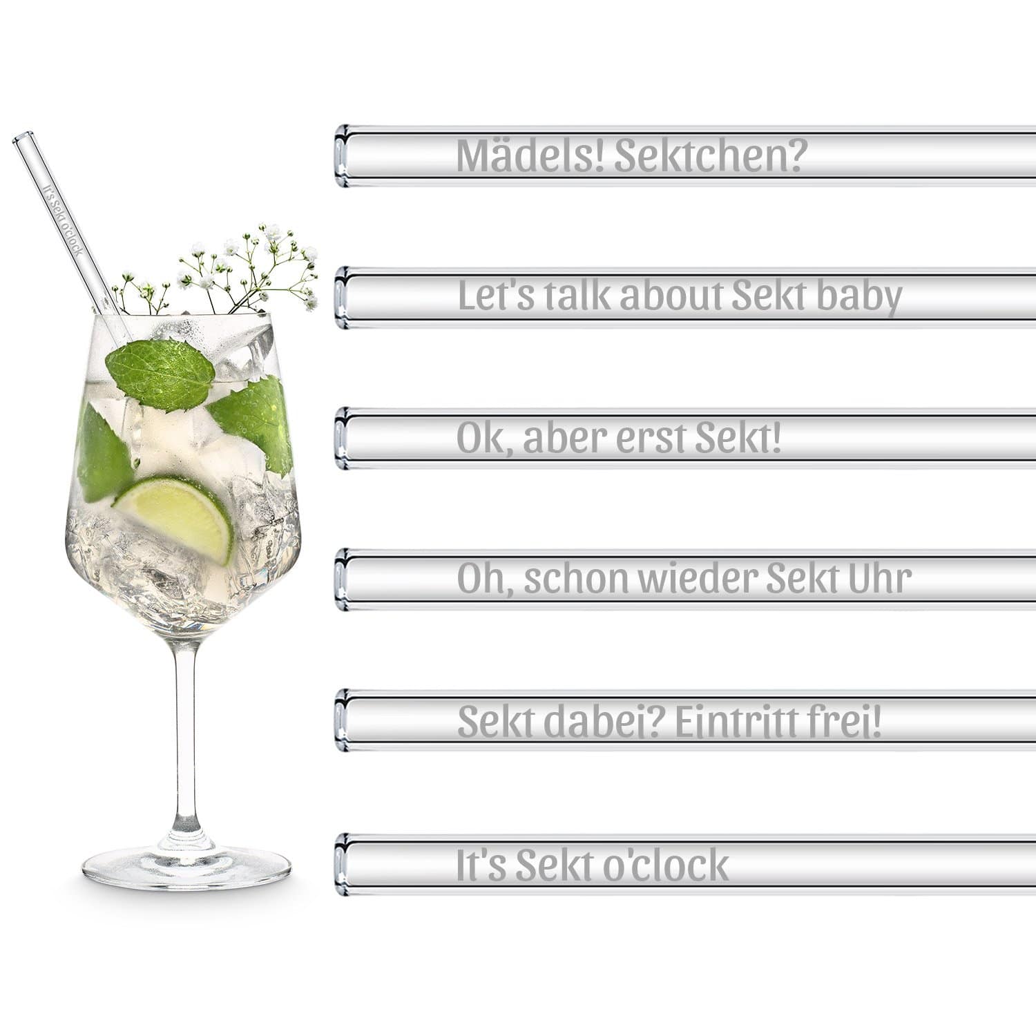 Glasstrohhalme graviert mit Sekt-Sprüchen 6er Set transparent | HALM Straws