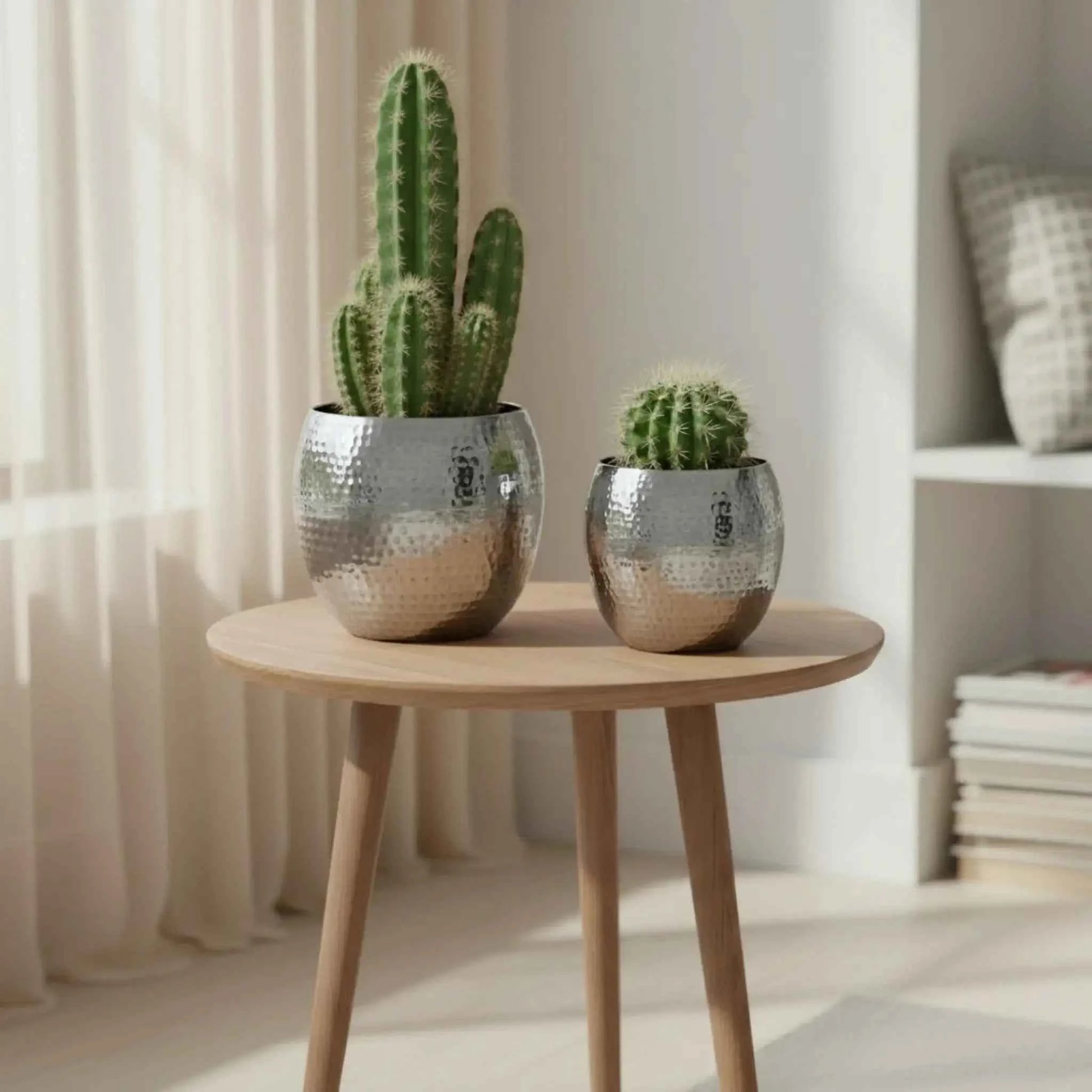 Übertopf Blumentopf Silber Pflanztopf Deko 2er Set glänzend rund Hammerschlag