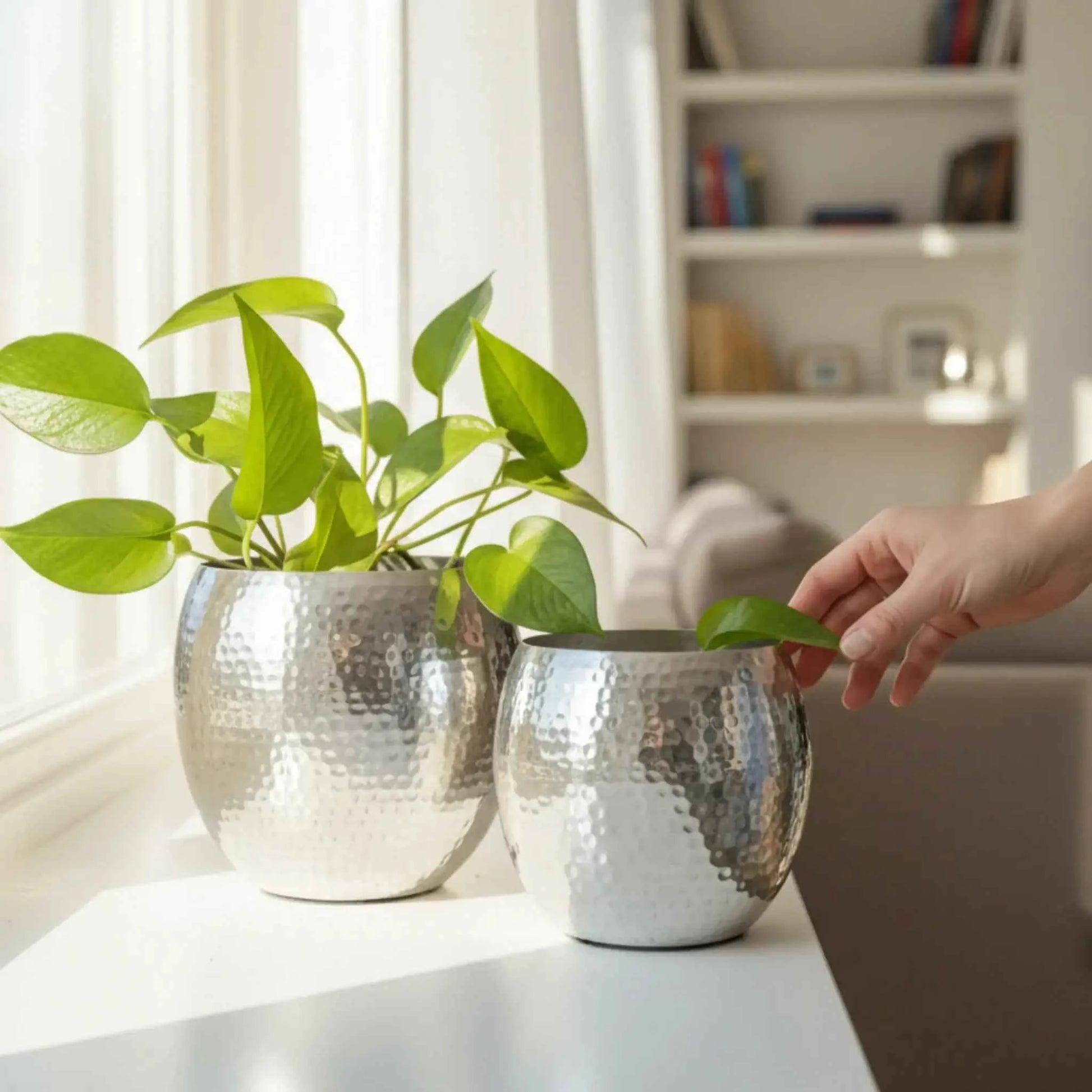 Übertopf Blumentopf Silber Pflanztopf Deko 2er Set glänzend rund Hammerschlag