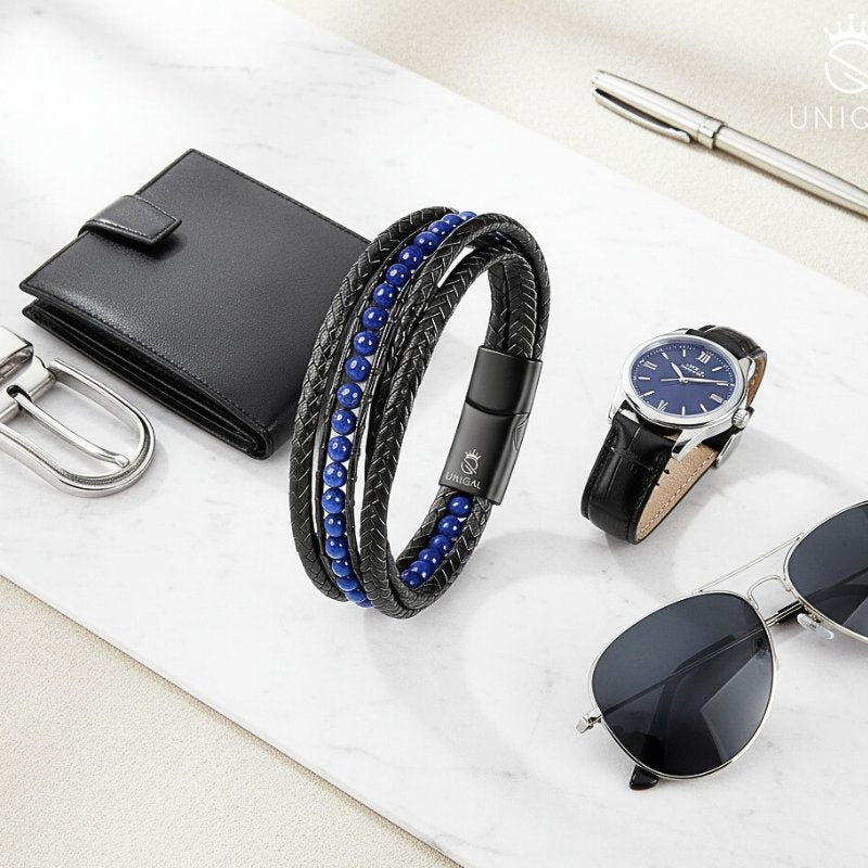 Lederarmband mit Lapislazuli und Stein-Details