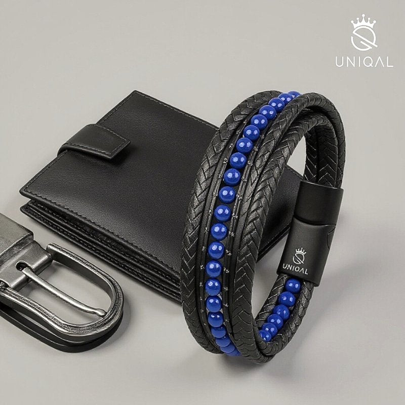 Lederarmband mit Lapislazuli und Stein-Details