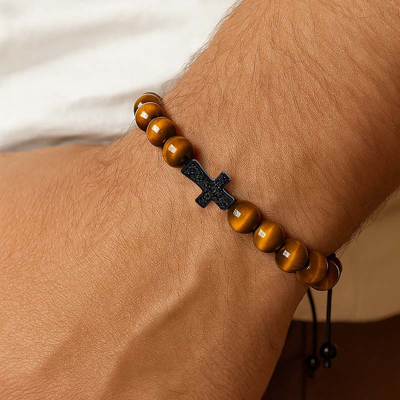 Armband Tigerauge mit schwarzem Zirkonia Kreuz 8mm